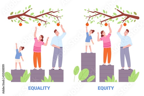 Equality and equity. Equal human rights social justice concept, different people pick fruit tree, supportive equalizer respective public racial gender support vector illustration photo