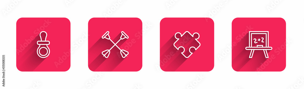 Set line Baby dummy pacifier, Arrow with sucker tip, Puzzle pieces toy and Chalkboard with long shadow. Red square button. Vector Set line Baby dummy pacifier, Arrow with sucker tip, Puzzle pieces toy and Chalkboard with long shadow. Red square button. Vector