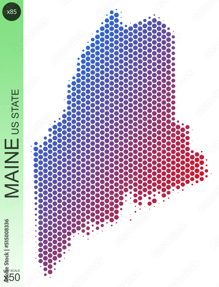 Dotted map of the state of Maine in the USA, from circles, on a scale of 50x50 elements. With smooth edges and a smooth gradient from one color to another on a white background.