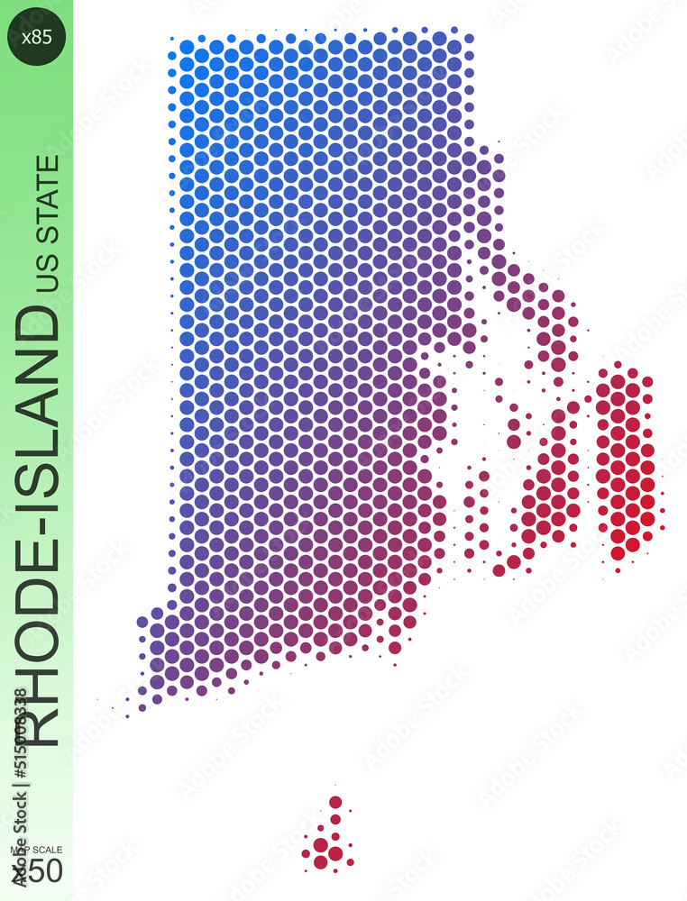 Dotted map of the state of Rhode-Island in the USA, from circles, on a scale of 50x50 elements. With smooth edges and a smooth gradient from one color to another on a white background.
