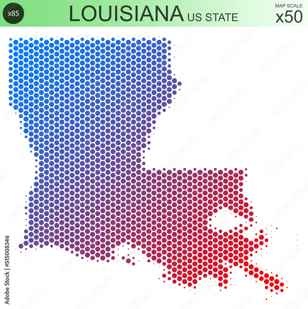 Dotted map of the state of Louisiana in the USA, from circles, on a scale of 50x50 elements. With smooth edges and a smooth gradient from one color to another on a white background.
