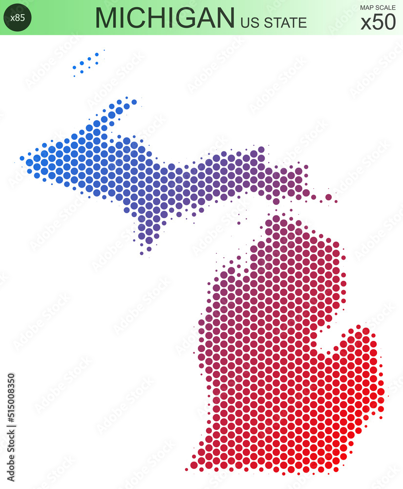 Dotted map of the state of Michigan in the USA, from circles, on a scale of 50x50 elements. With smooth edges and a smooth gradient from one color to another on a white background.