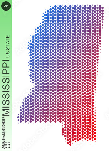 Dotted map of the state of Mississippi in the USA, from circles, on a scale of 50x50 elements. With smooth edges and a smooth gradient from one color to another on a white background. photo