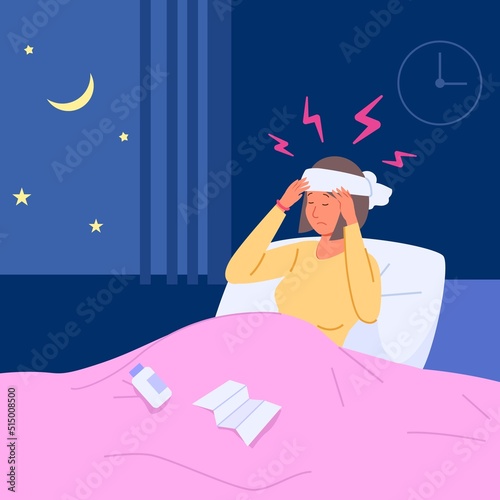 Night headache. Sad woman suffering pain head, sleepless night on bed female under blanket suffer sick insomnia disease migraine fatigue restless alone nights, vector illustration