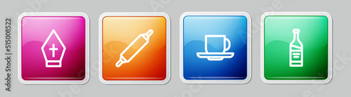 Set line Pope hat, Rolling pin, Coffee cup and Bottle wine. Colorful square button. Vector