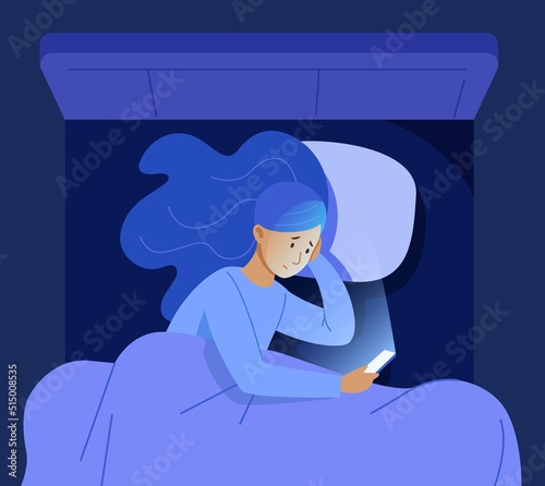 Sleepless woman with phone. Girl in bed look on light screen of smartphone messages, chek cellphone, night insomnia poor mobile addiction, awake from nightmare, vector illustration