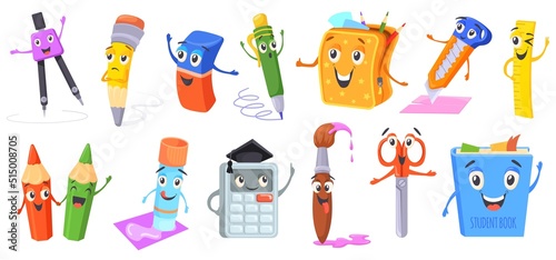 Mascot school supplies. Funny cartoon stationery characters, emoticon stuffs cute comic objects kids face eraser scissors book calculator pencil backpack, neat vector illustration