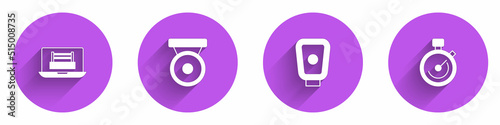 Set Boxing ring, gong, training paws and Stopwatch icon with long shadow. Vector