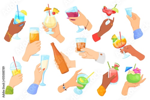 Hands cheers alcohol drinks. Hand hold alcohol drink for celebration toast, beer whiskey glass wine vodka whisky bottle cheering beverage alcoholic party, neat vector illustration