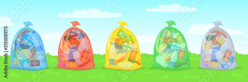 Clear trash bags. Colorful clearing garbage bag waste bins, plastic rubbish package many junk container transparent sack recycle market translucent pack, neat vector illustration