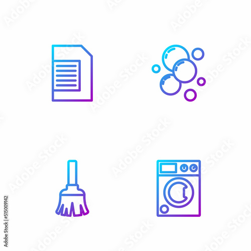 Set line Washer, Feather broom, Laundry detergent and Soap water bubbles. Gradient color icons. Vector
