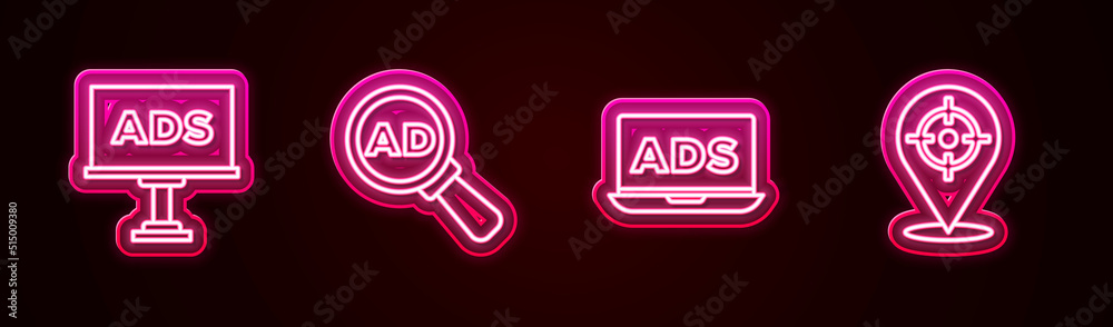 Set line Advertising, , and Target sport. Glowing neon icon. Vector Set line Advertising, , and Target sport. Glowing neon icon. Vector