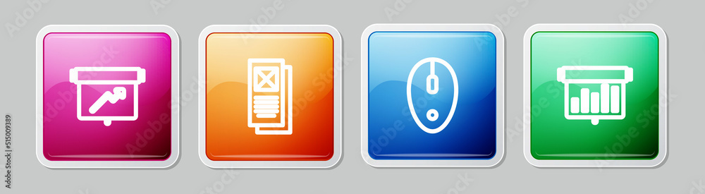 Set line Board with graph chart, Browser window, Computer mouse and . Colorful square button. Vector Set line Board with graph chart, Browser window, Computer mouse and . Colorful square button. Vector