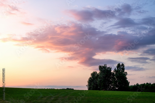 View of a colorful bright summer sunset with beautiful clouds and sun rays with a large grassy field in the foreground and trees on the horizon.