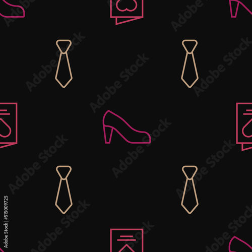 Set line Greeting card, Tie and Woman shoe on seamless pattern. Vector