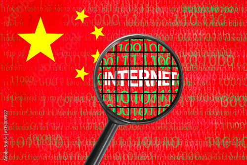 China bans internet, hacker cyber attack concept. Chinese flag with internet matrix binary data through magnifying glass