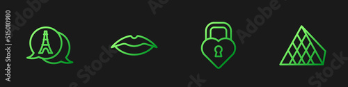 Set line Castle in the shape of heart, Eiffel tower, Smiling lips and Louvre glass pyramid. Gradient color icons. Vector
