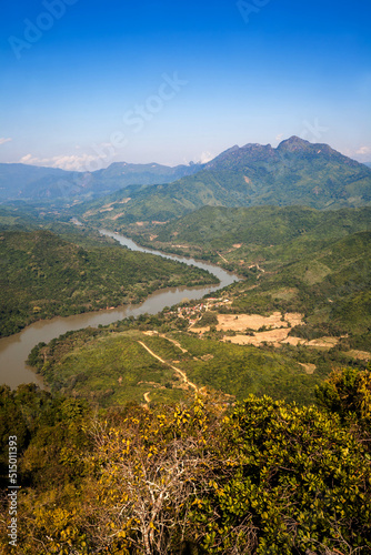 Obraz na płótnie Landscape of Nong Khiaw city with Nam Ou River from Pha Daeng Peak Viewpoint, Laos w salonie