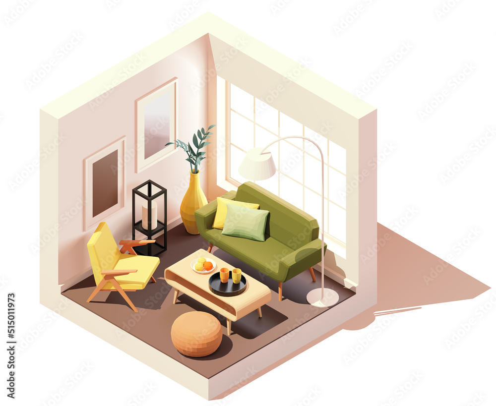Vector isometric modern living room interior. Room with big window ...