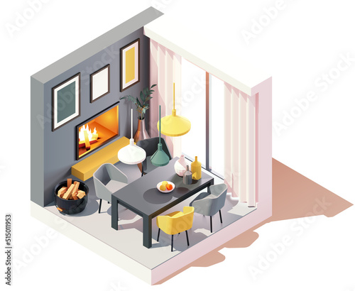 Vector isometric modern dining room with fireplace interior. Dining table with chairs, ceiling lights, fireplace. Low poly cross-section illustration