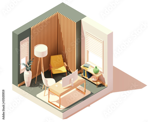 Vector isometric workplace in home office room. Office table and chair, modern wide screen computer monitor, floor lamp, chair, bookshelf