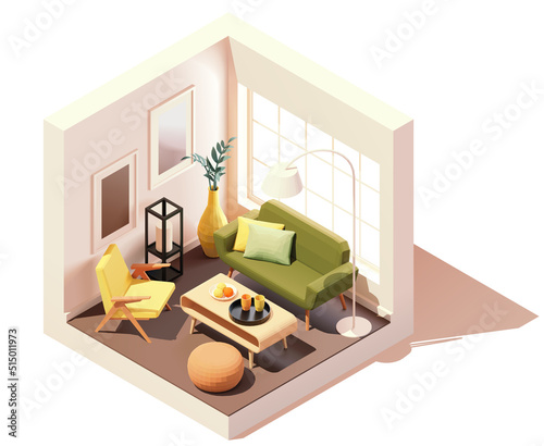 Vector isometric modern living room interior. Room with big window. Green couch with pillows, coffee table, floor lamp. Low poly cross-section