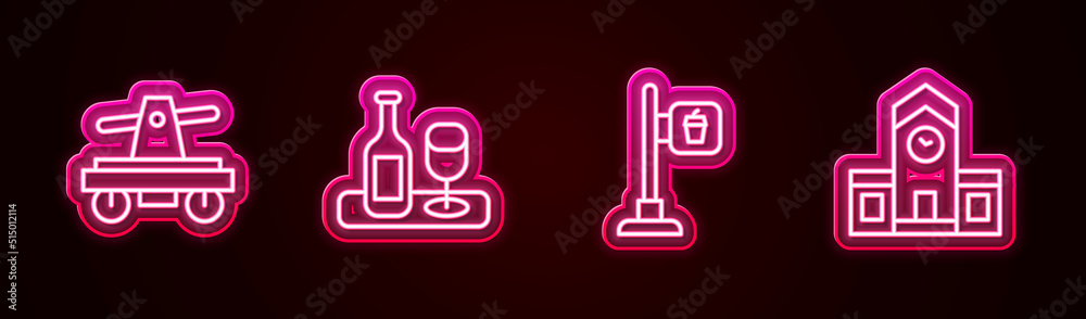 Set line Draisine or handcar, Wine bottle with glass, Cafe restaurant location and Railway station. Glowing neon icon. Vector Set line Draisine or handcar, Wine bottle with glass, Cafe restaurant location and Railway station. Glowing neon icon. Vector