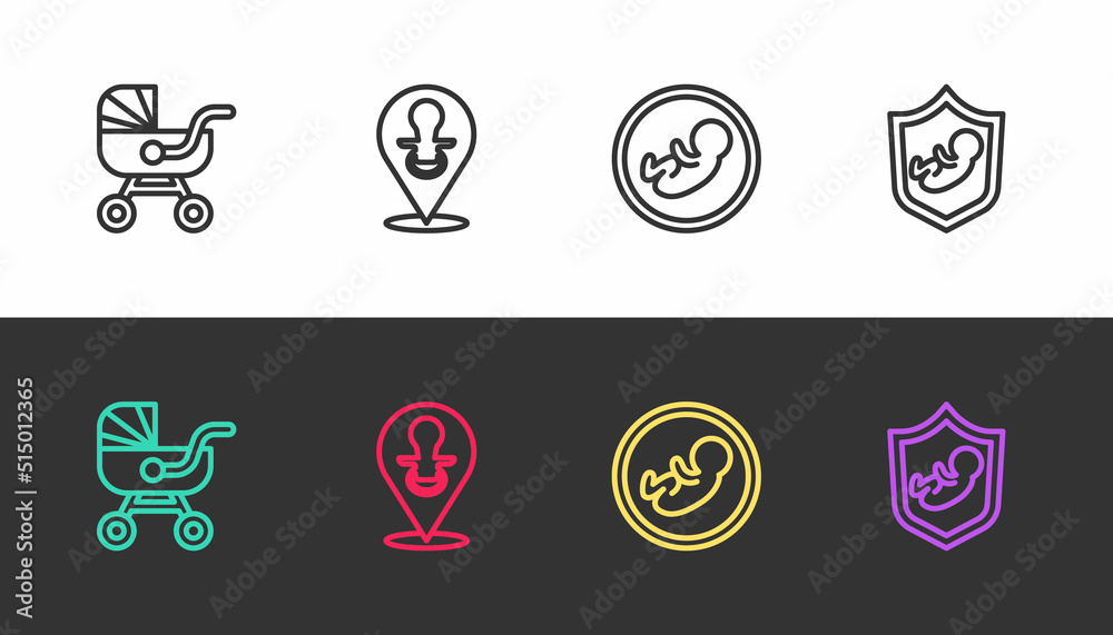 Set line Baby stroller, dummy pacifier, and on shield on black and white. Vector Set line Baby stroller, dummy pacifier, and on shield on black and white. Vector