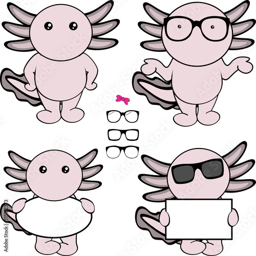 chibi axolotl kid cartoon billboard and glasses pack illustration in vector format