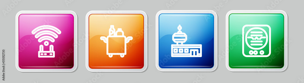 Set line Router and wi-fi signal, Trolley for food, Airport control tower and Attitude indicator. Colorful square button. Vector