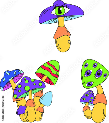 A set of psychedelic mushrooms. Vector illustration isolated on a white background