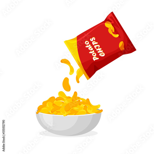Chips are poured out of the package to the plate. Pile of crisps in a bowl. Packaging template. Vector illustration isolated on white background.