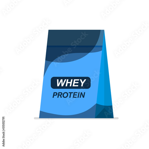 Whey protein package. Energy or nutritional food in trendy flat style. Sport and fitness supplements template. Vector illustration.