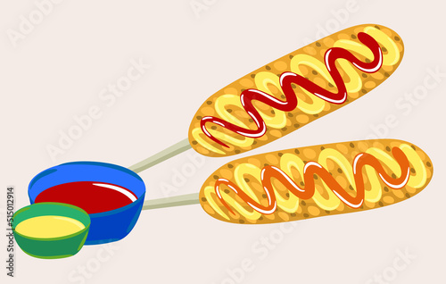 Vector isolated illustration still life with two corn dogs and two different sauces. American cuisine.