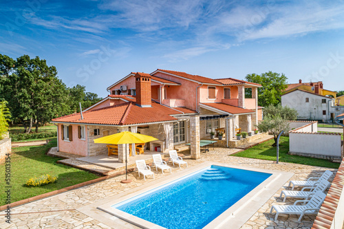 Croatia, Istria, Pula, holiday house with garden and pool, aerial view