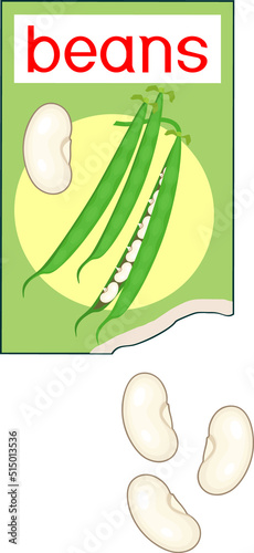 Open sachet with white bean plant seeds isolated on white background