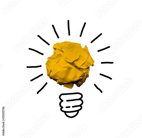 Good idea sign concept with paper light bulb isolated in white background. Crumpled paper ball with hand drawing. photo