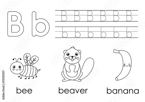 Learning English alphabet for kids. Letter B. Coloring book.