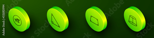 Set Isometric line Square root of x glyph, Triangle math, Acute trapezoid shape and Geometric figure icon. Vector