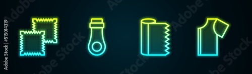 Set line Textile fabric roll, Zipper, and Sewing pattern. Glowing neon icon. Vector