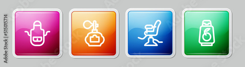 Set line Barber apron, Aftershave, Barbershop chair and Bottle of shampoo. Colorful square button. Vector