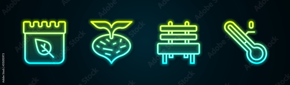 Set line Calendar with autumn leaves, Beet, Bench and Meteorology thermometer. Glowing neon icon. Vector Set line Calendar with autumn leaves, Beet, Bench and Meteorology thermometer. Glowing neon icon. Vector