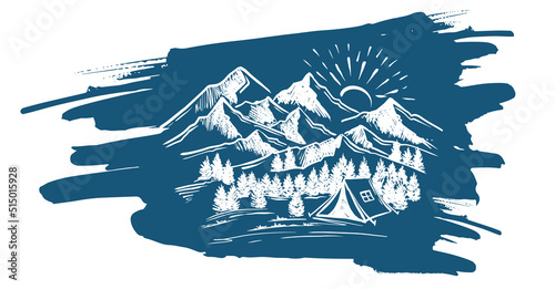 Sketch Camping in nature set, Mountain landscape, vector illustrations.	
