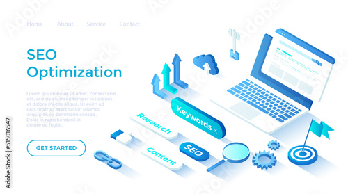Search Engine Optimization, Keyword Research. Search engine results page on the laptop screen. Isometric illustration. Landing page template for web on white background.