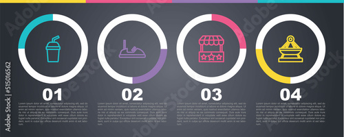Set line Paper glass with water, Bumper car, Ticket box office and Boat swing. Business infographic template. Vector