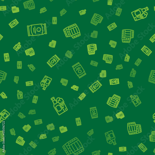 Set line Beer can, bottle and glass and Wooden barrel on seamless pattern. Vector