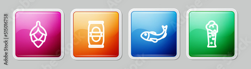 Set line Hop, Beer can, Dried fish and Glass of beer. Colorful square button. Vector