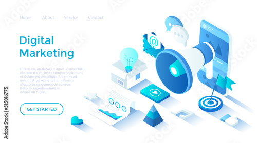 Digital Marketing, social network and media communication. Analysis, targeting, management. Isometric illustration. Landing page template for web on white background.