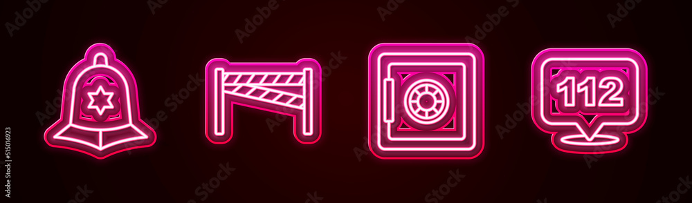 Set line British police helmet, Crime scene, Safe and Telephone call 112. Glowing neon icon. Vector Set line British police helmet, Crime scene, Safe and Telephone call 112. Glowing neon icon. Vector