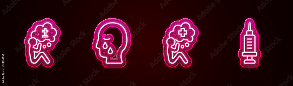 Set line Man graves funeral sorrow, , Helping hand and Addiction to the drug. Glowing neon icon. Vector Set line Man graves funeral sorrow, , Helping hand and Addiction to the drug. Glowing neon icon. Vector